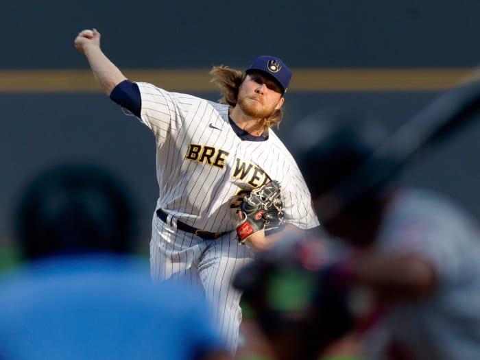 Apr 3, 2021; Milwaukee, Wisconsin, USA; Milwaukee Brewers pitcher Corbin Burnes (39) throws a pitch against the Minnesota Twins during the first inning at American Family Field.
